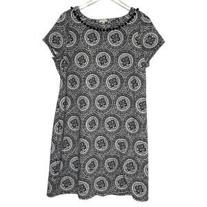 TALBOTS XL Petite Medallion Shift Dress Black White Pom Pom Collar Comfy